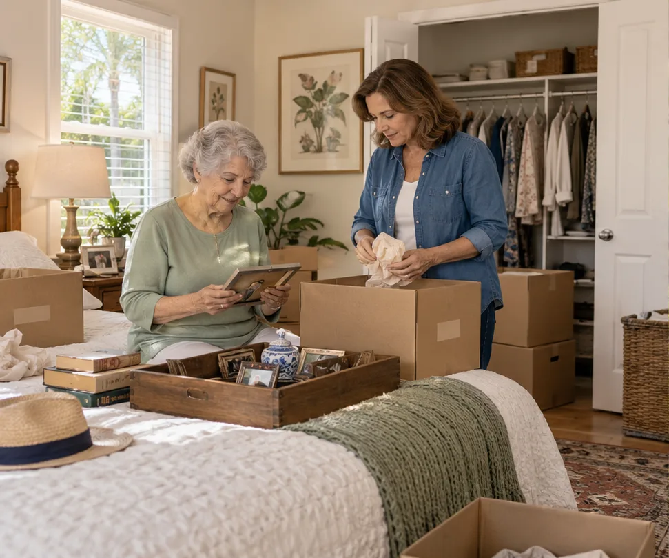 Older adult and family member sorting keepsakes for a move